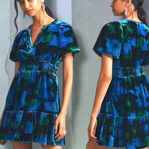 Anthropologie The  Somerset Collection Velvet Mini Dress  blue/green NWT Small